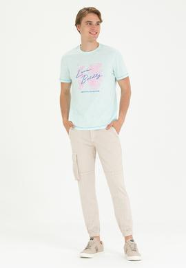 Erkek Regular Fit Bisiklet Yaka Su Yeşili Tişört - 50263483011