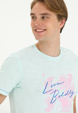 Erkek Regular Fit Bisiklet Yaka Su Yeşili Tişört - 50263483011