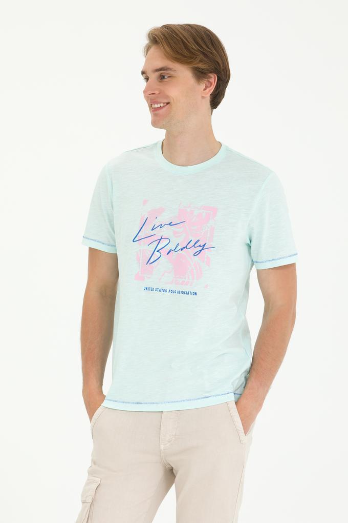 Erkek Regular Fit Bisiklet Yaka Su Yeşili Tişört