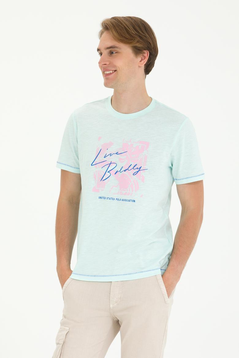 Erkek Regular Fit Bisiklet Yaka Su Yeşili Tişört