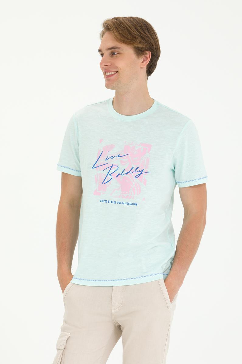 Erkek Regular Fit Bisiklet Yaka Su Yeşili Tişört