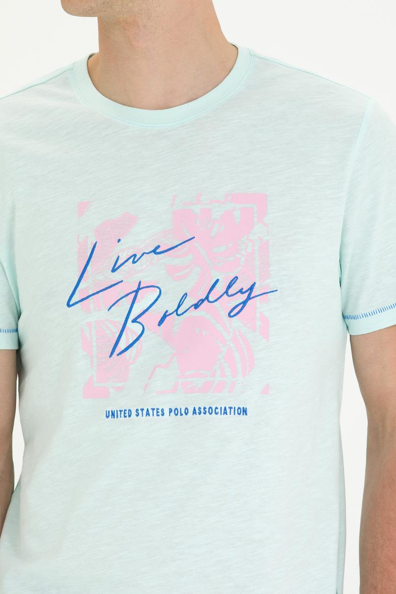 Erkek Regular Fit Bisiklet Yaka Su Yeşili Tişört - 50263483011