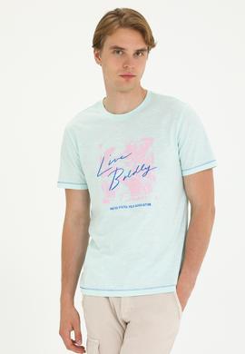 Erkek Regular Fit Bisiklet Yaka Su Yeşili Tişört - 50263483011