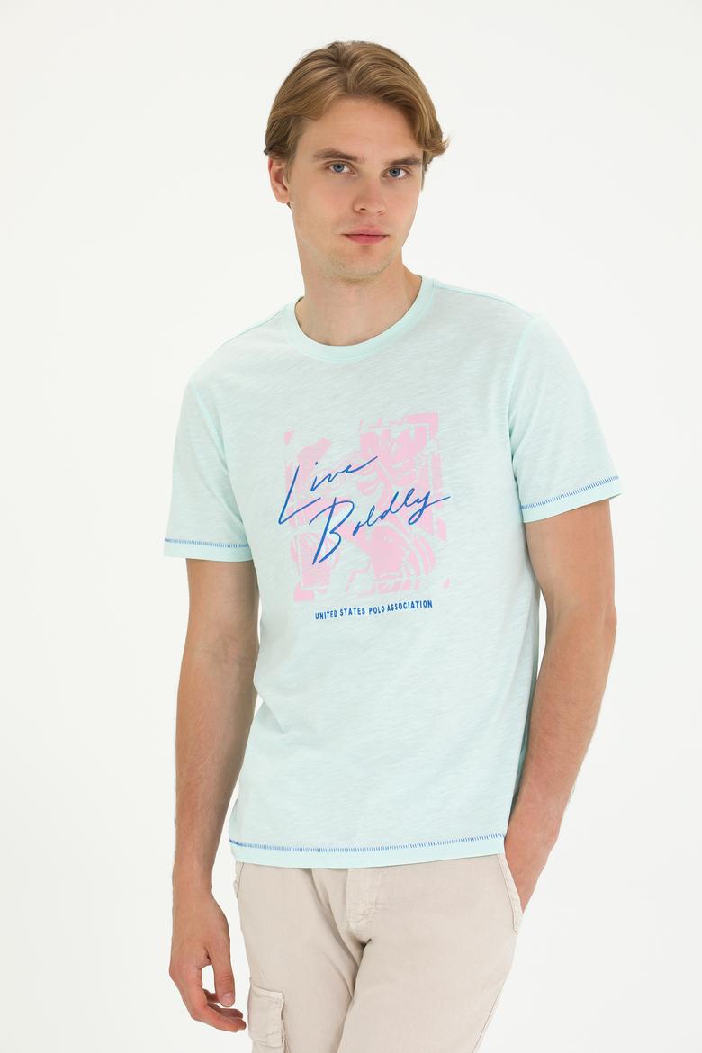 Erkek Regular Fit Bisiklet Yaka Su Yeşili Tişört - 50263483011