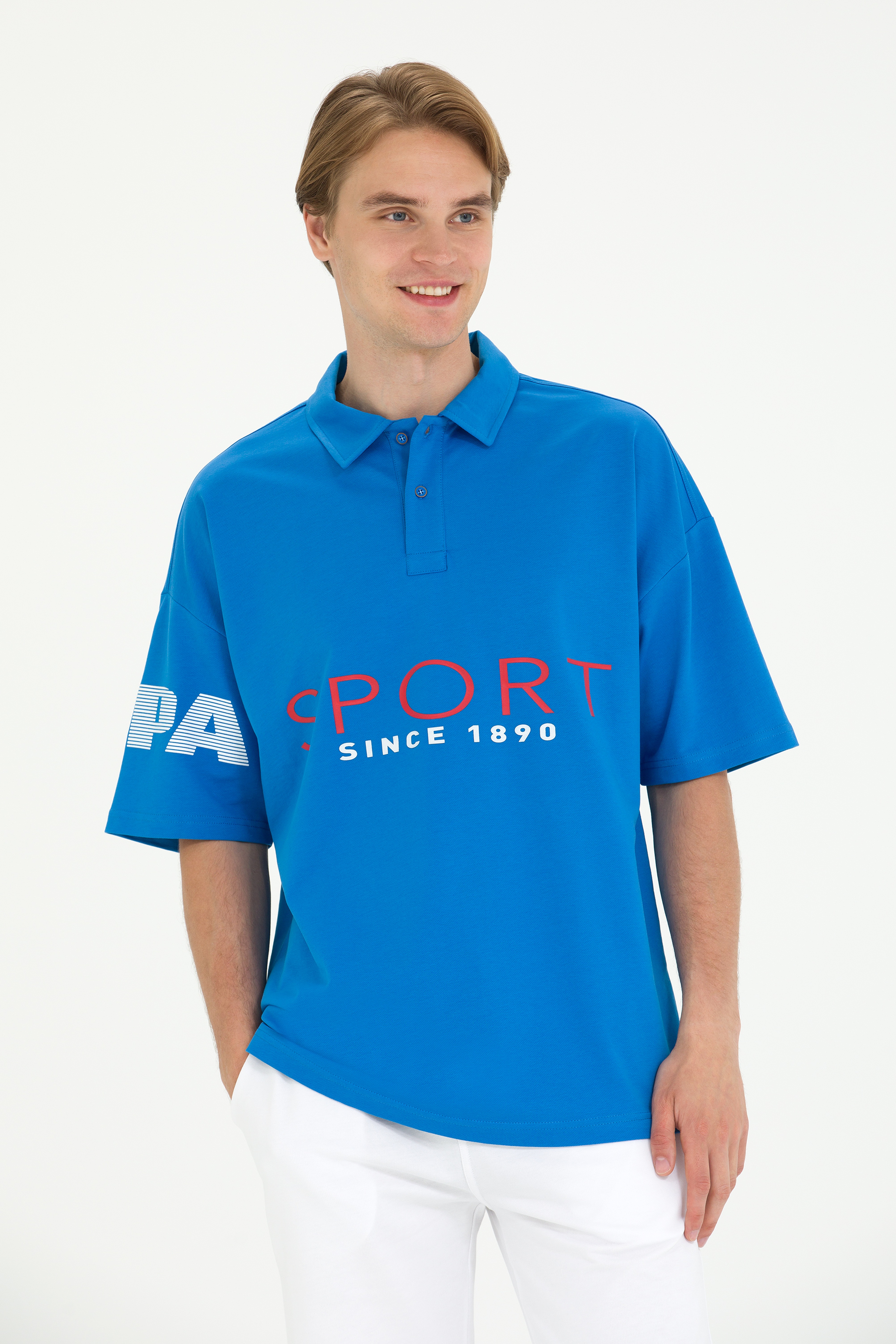 Erkek Saks Oversize Polo Yaka Tişört - Image 1