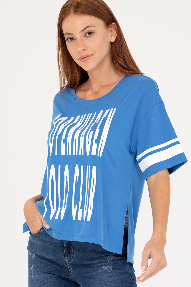 Kadın Saks Bisiklet Yaka Tişört - 50264175027