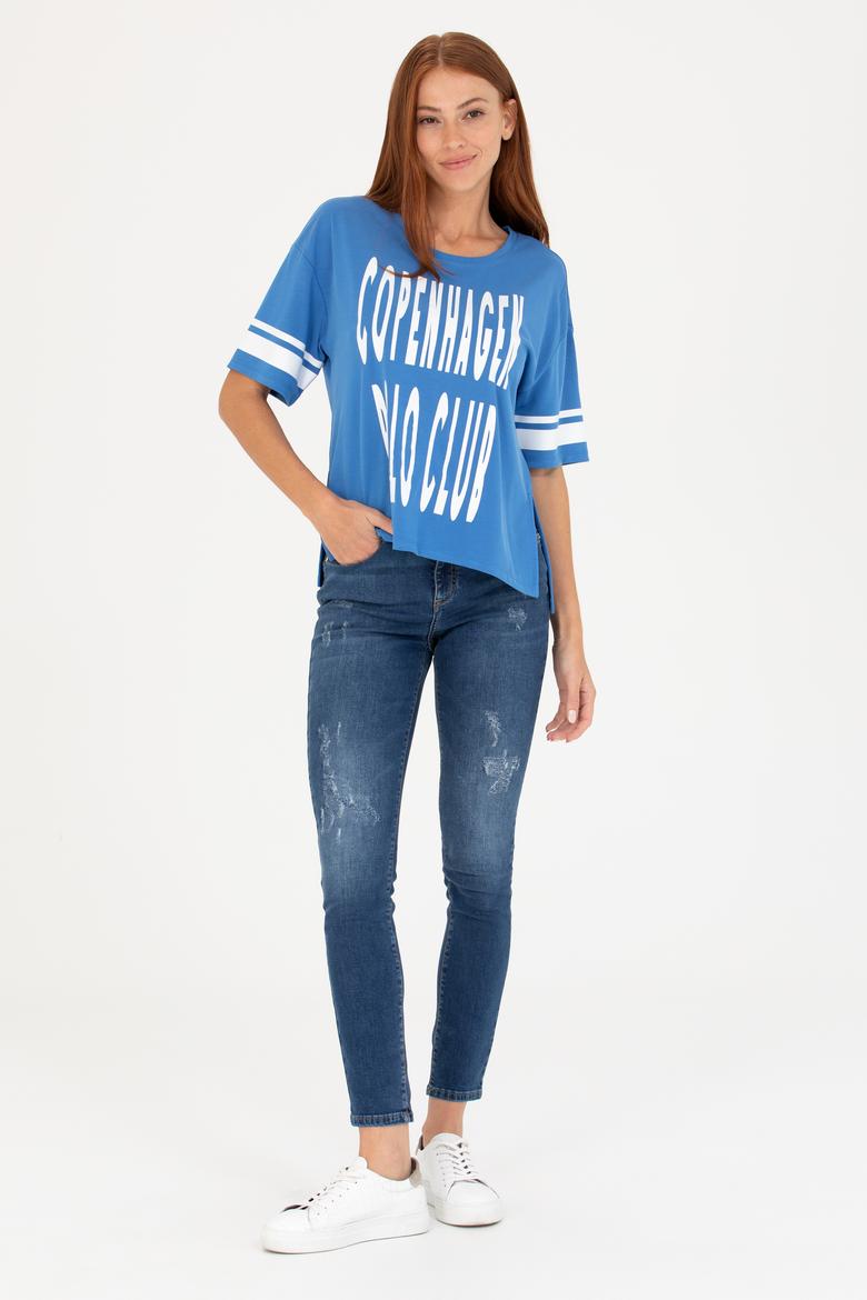 Kadın Saks Bisiklet Yaka Tişört - 50264175027