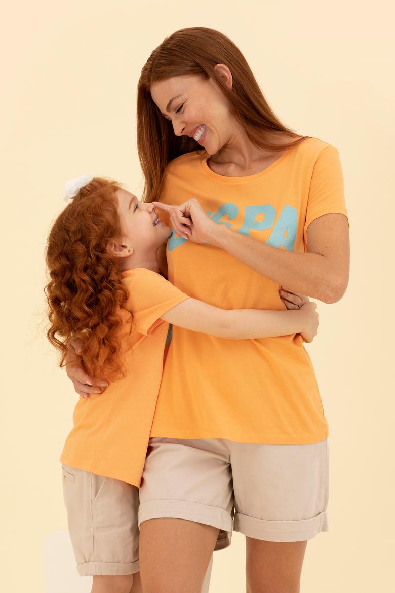 Kız Çocuk Turuncu Bisiklet Yaka Tişört - 50276874058