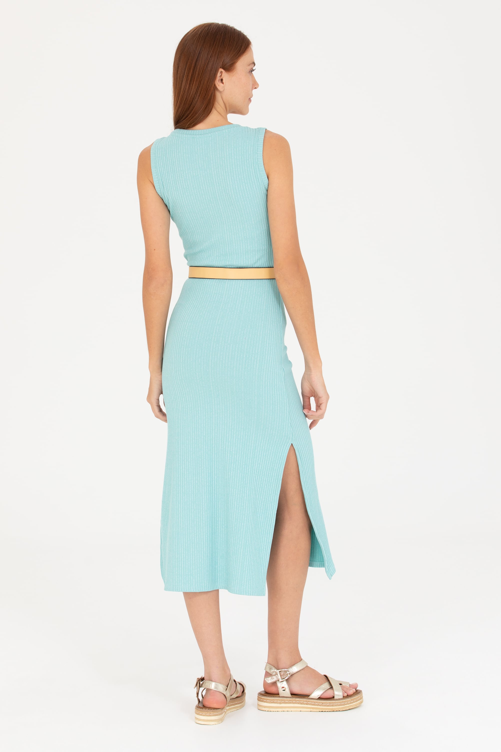Kadın Mint Bisiklet Yaka Midi Boy Örme Elbise - Image 5