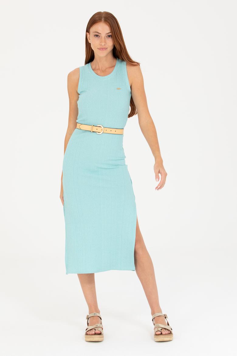 Kadın Mint Bisiklet Yaka Midi Boy Örme Elbise