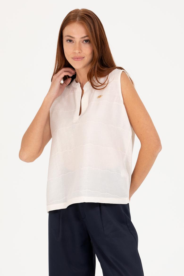 Kadın Krem V Yaka Kolsuz Tişört