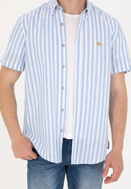 Erkek Mavi Çizgili Kısa Kollu Gömlek - 50264267001