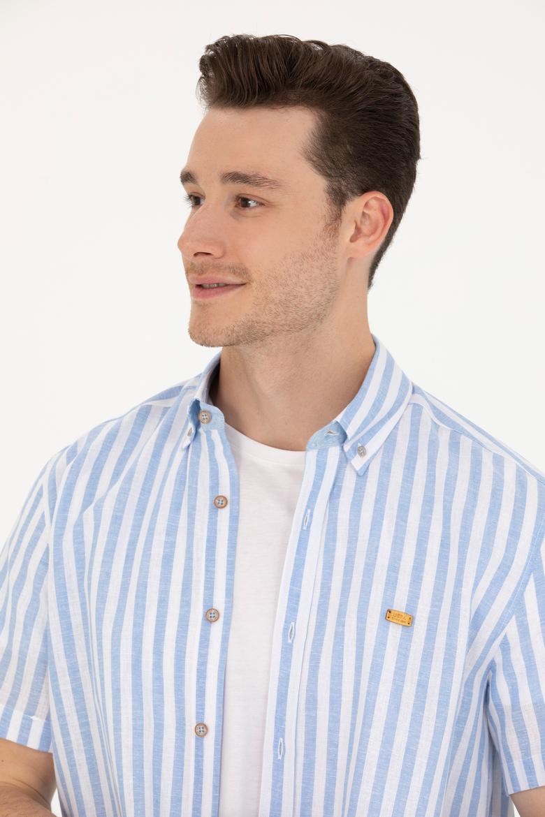 Erkek Mavi Çizgili Kısa Kollu Gömlek - 50264267001