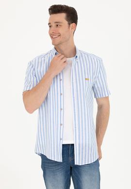 Erkek Mavi Çizgili Kısa Kollu Gömlek - 50264267001