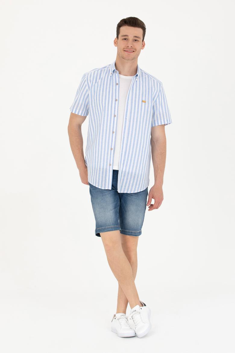 Erkek Mavi Çizgili Kısa Kollu Gömlek - 50264267001