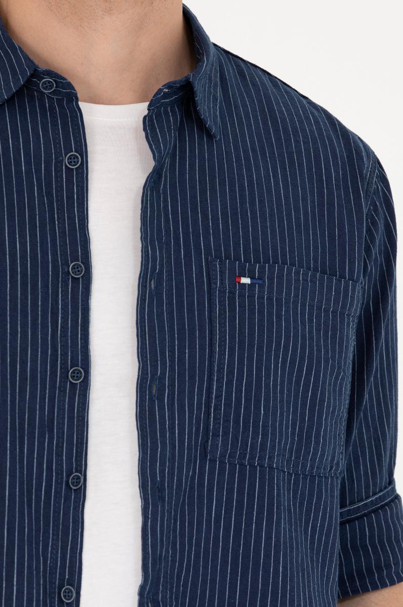 Erkek Beyaz Çizgili Lacivert Jean Gömlek