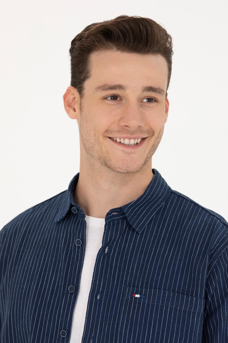 Erkek Beyaz Çizgili Lacivert Jean Gömlek