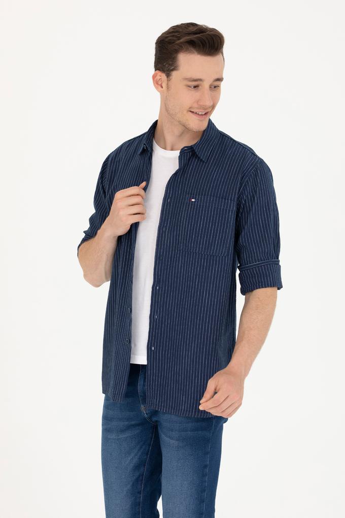 Erkek Beyaz Çizgili Lacivert Jean Gömlek