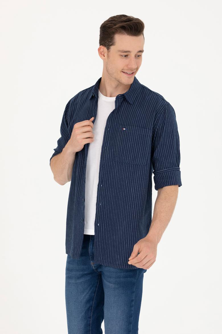 Erkek Beyaz Çizgili Lacivert Jean Gömlek
