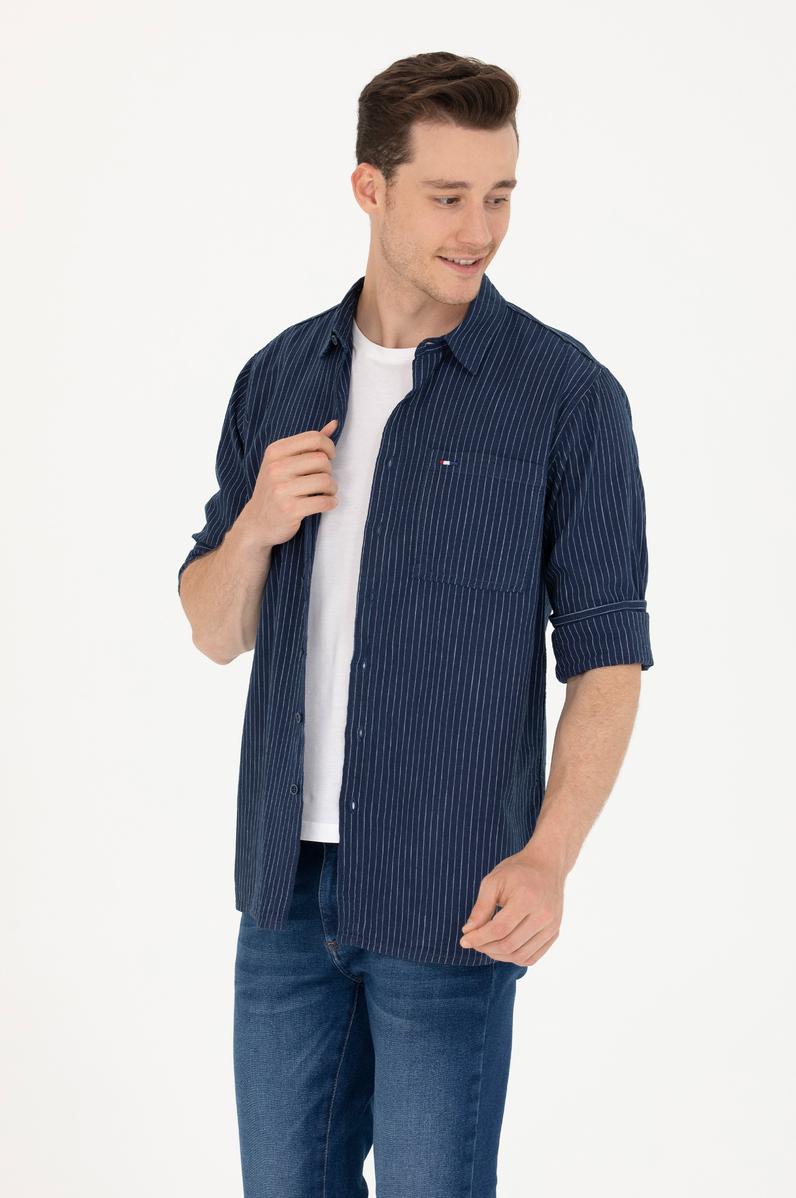 Erkek Beyaz Çizgili Lacivert Jean Gömlek