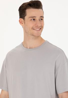 Erkek Gri Oversize Bisiklet Yaka Tişört - 50264938056