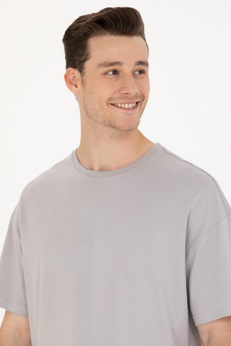 Erkek Gri Oversize Bisiklet Yaka Tişört - 50264938056