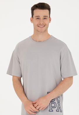 Erkek Gri Oversize Bisiklet Yaka Tişört - 50264938056