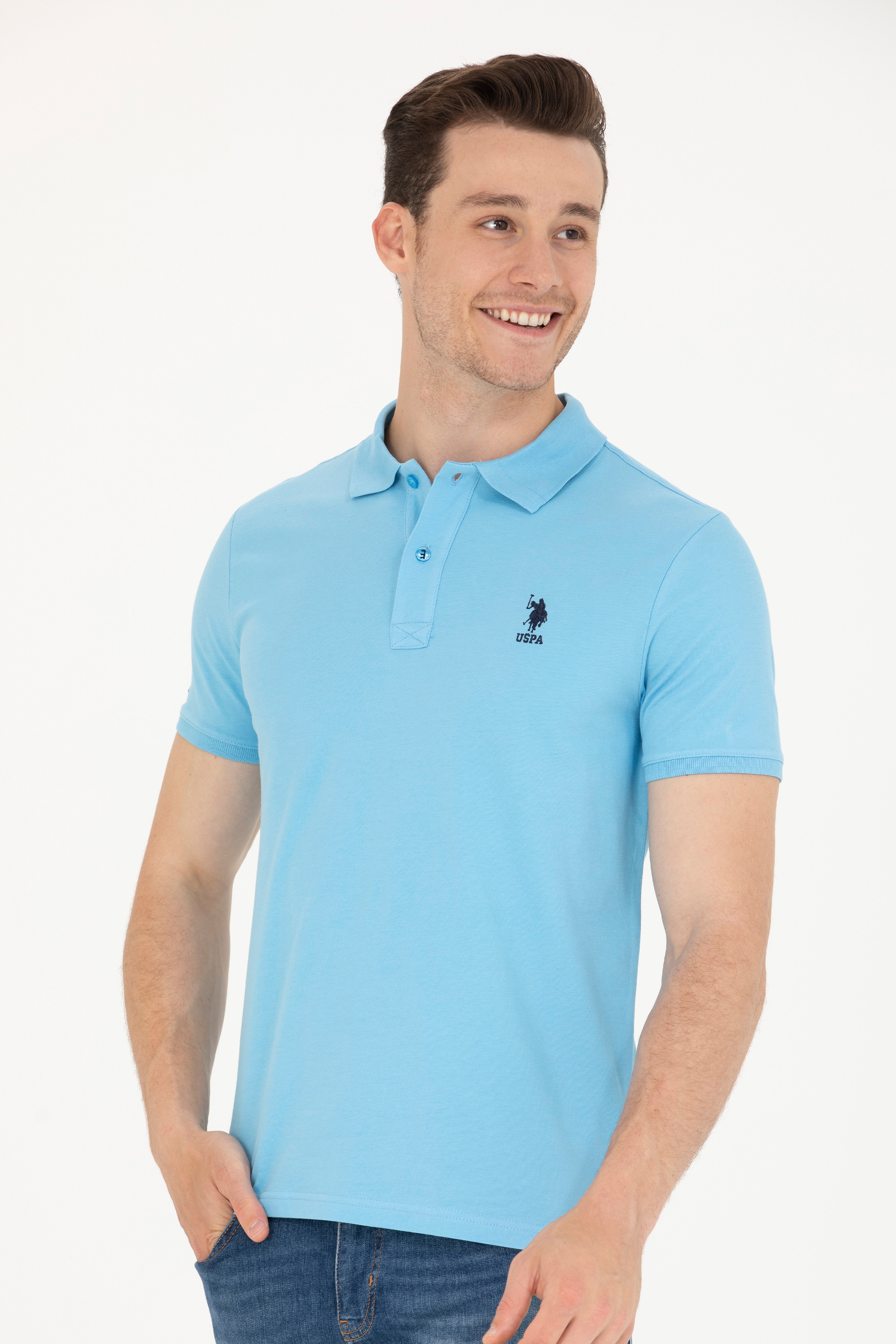 Erkek Turkuaz Basic Polo Yaka Tişört - Image 3