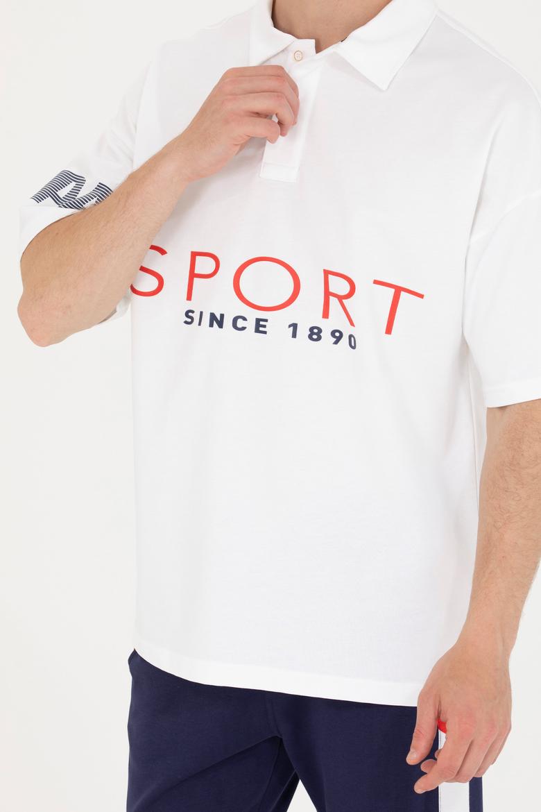 Erkek Beyaz Oversize Polo Yaka Tişört - 50263571024
