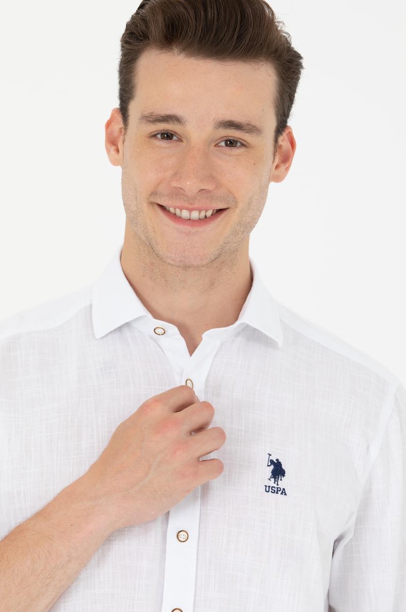 Erkek Beyaz Keten Görünümlü Basic Gömlek