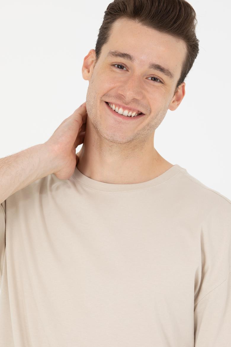 Erkek Taş Oversize Bisiklet Yaka Tişört - 50264917108