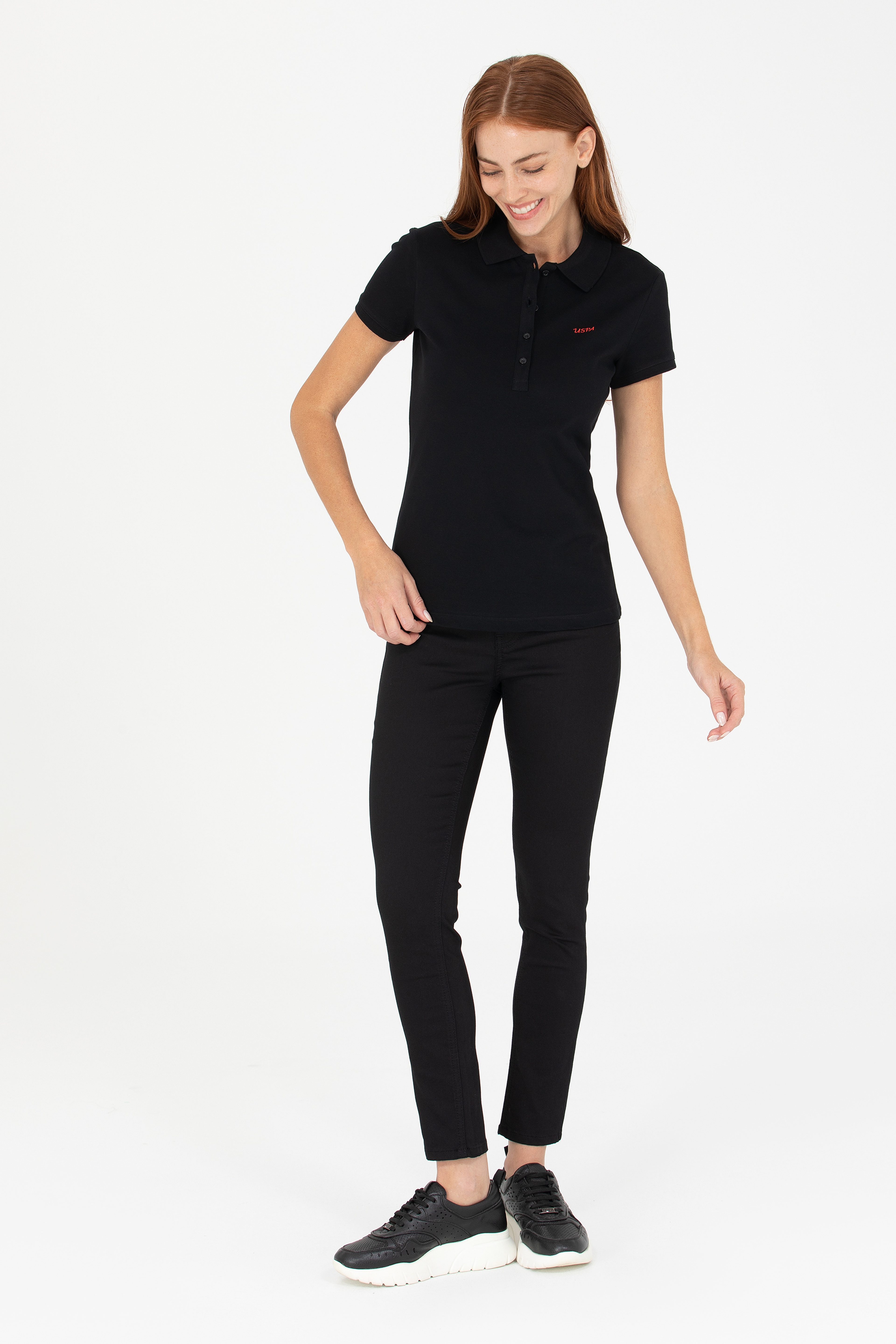 Kadın Siyah Basic Polo Yaka Tişört - Image 4