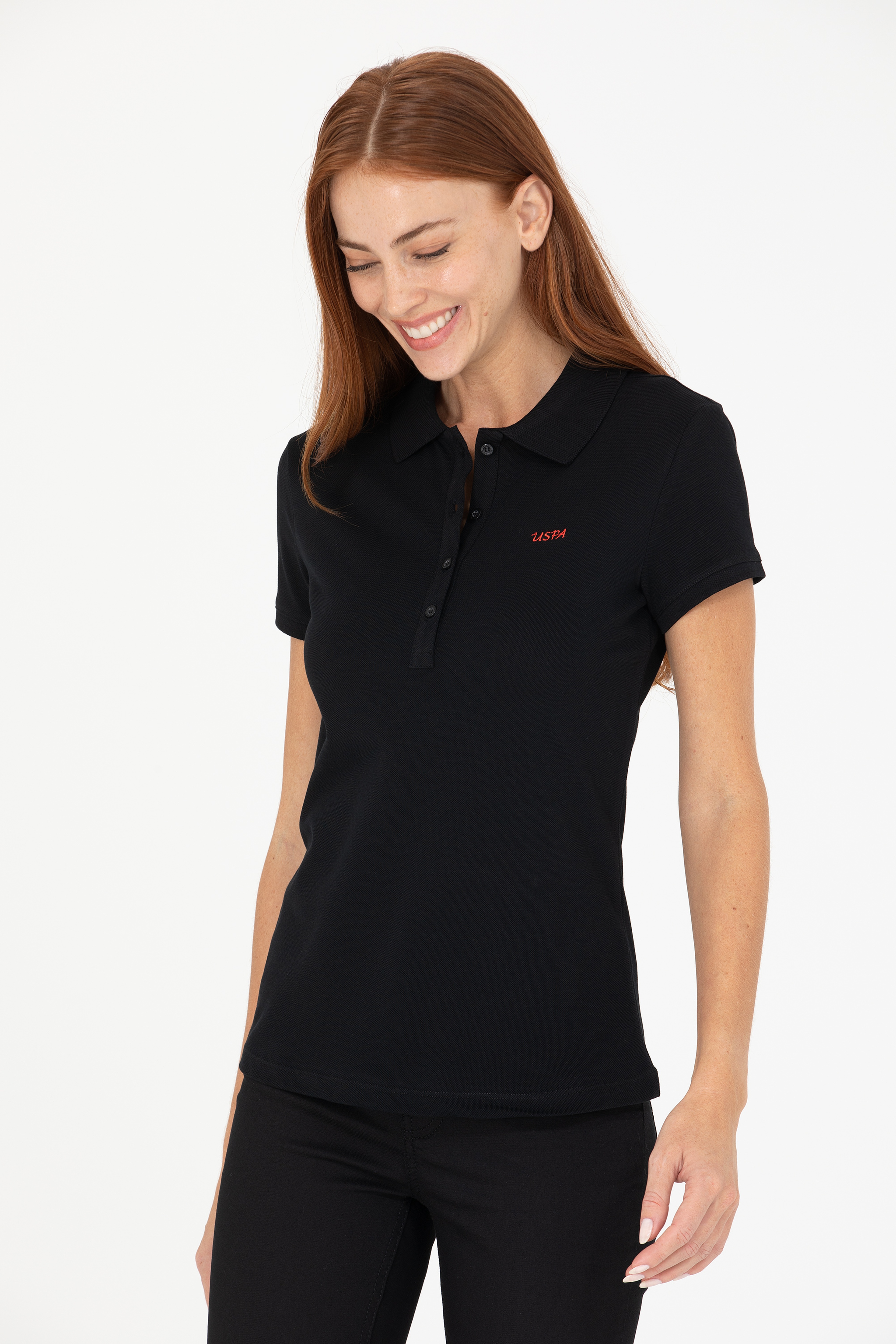 Kadın Siyah Basic Polo Yaka Tişört - Image 3