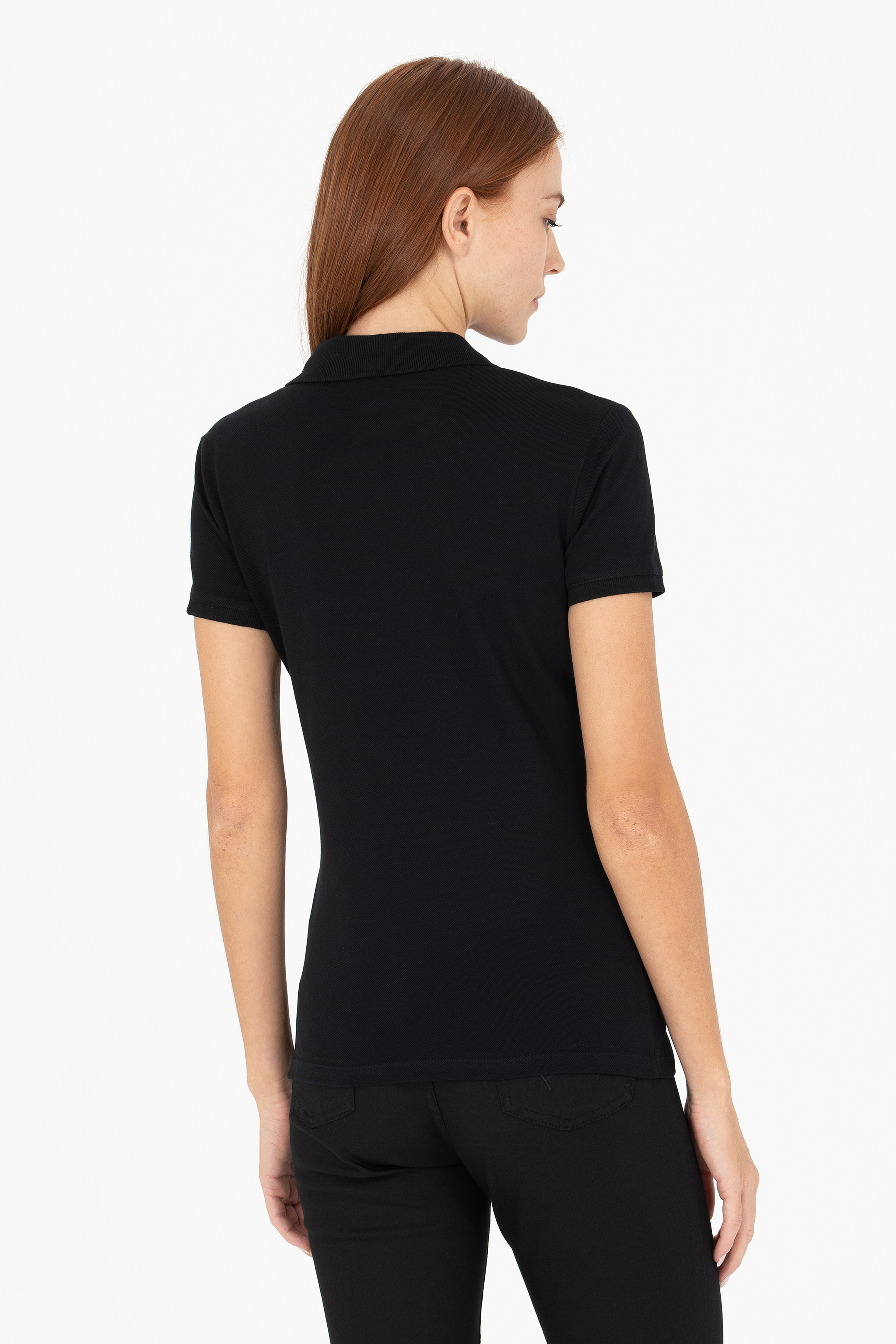 Kadın Siyah Basic Polo Yaka Tişört - Image 5