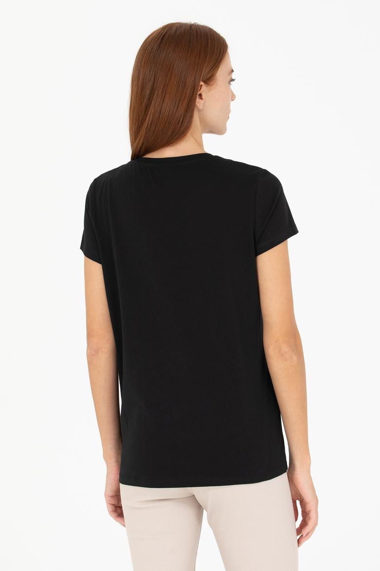 Kadın Siyah Bisiklet Yaka Tişört - 50269557020