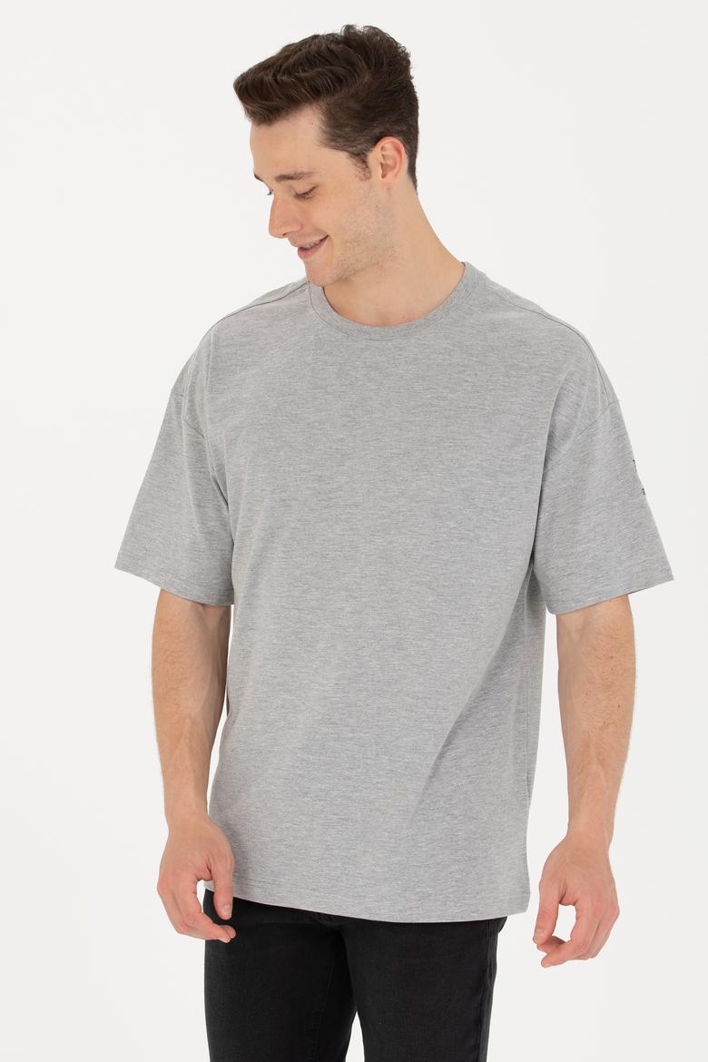 Erkek Gri Melanj Comfort Long Bisiklet Yaka Tişört - 50265229051