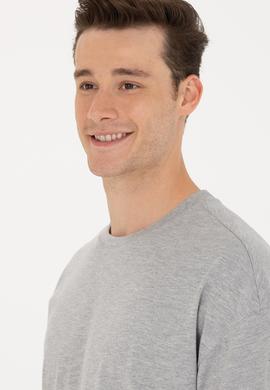 Erkek Gri Melanj Comfort Long Bisiklet Yaka Tişört - 50265229051