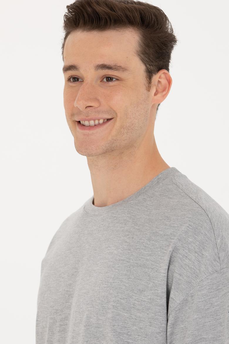 Erkek Gri Melanj Comfort Long Bisiklet Yaka Tişört - 50265229051