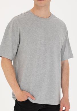 Erkek Gri Melanj Comfort Long Bisiklet Yaka Tişört - 50265229051