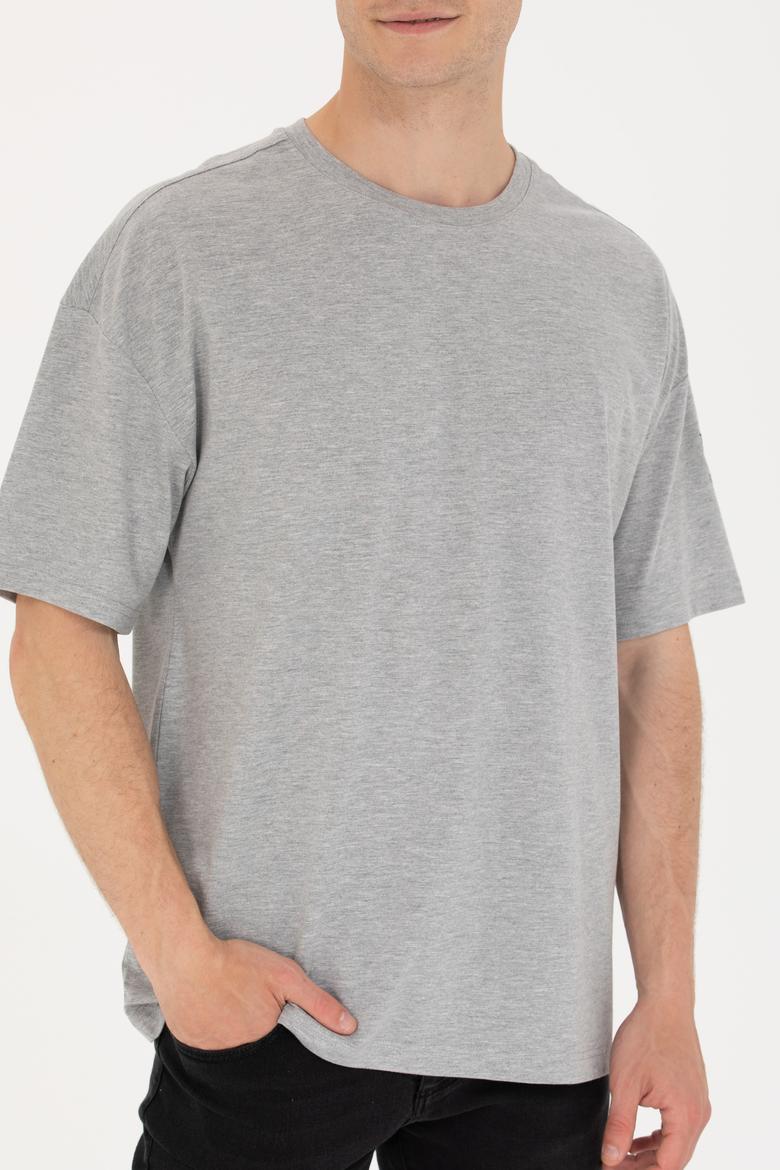 Erkek Gri Melanj Comfort Long Bisiklet Yaka Tişört - 50265229051