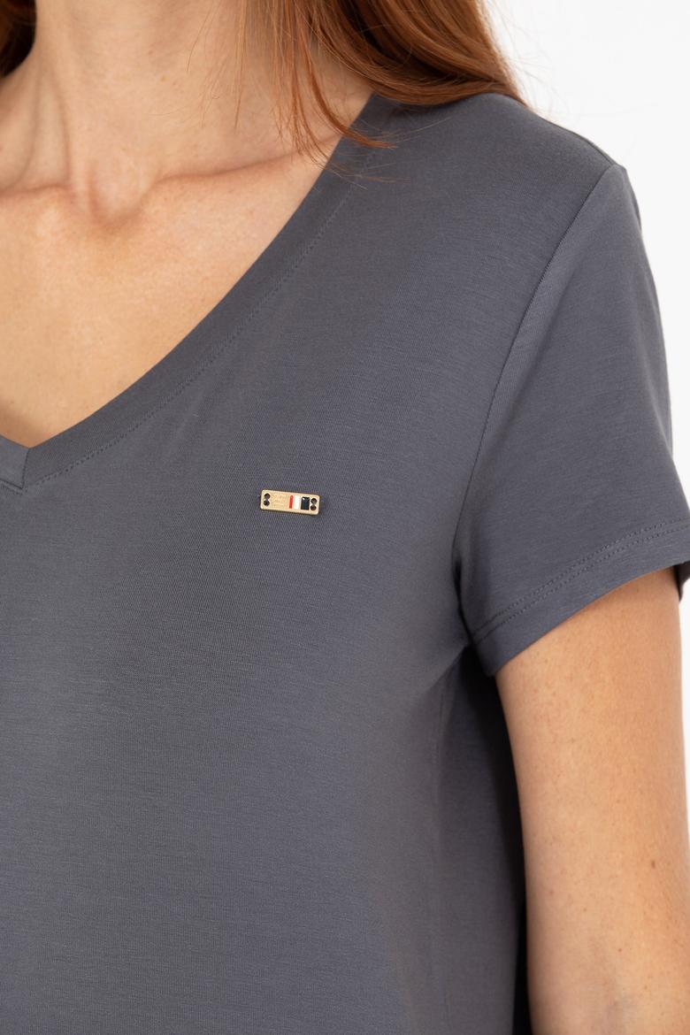 Kadın Antrasit V - Yaka Basic Tişört - 50269545031