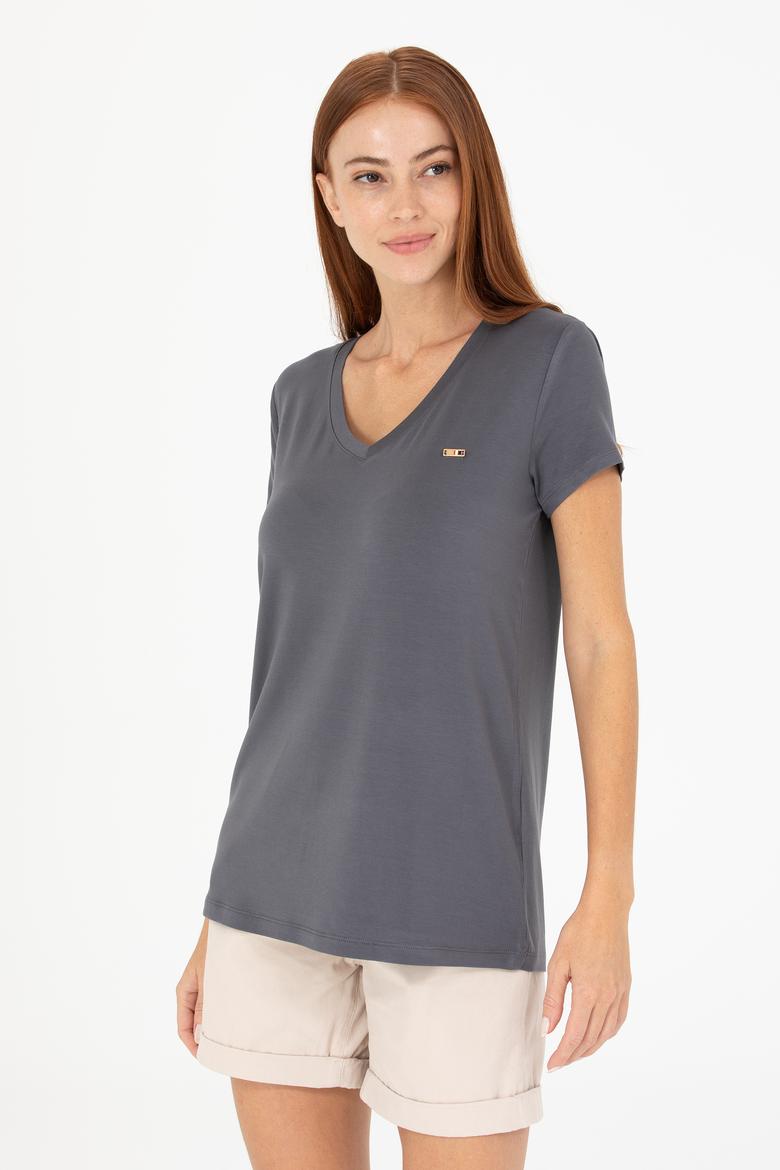 Kadın Antrasit V - Yaka Basic Tişört - 50269545031