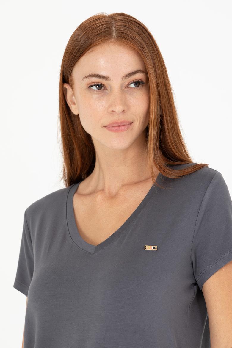 Kadın Antrasit V - Yaka Basic Tişört - 50269545031
