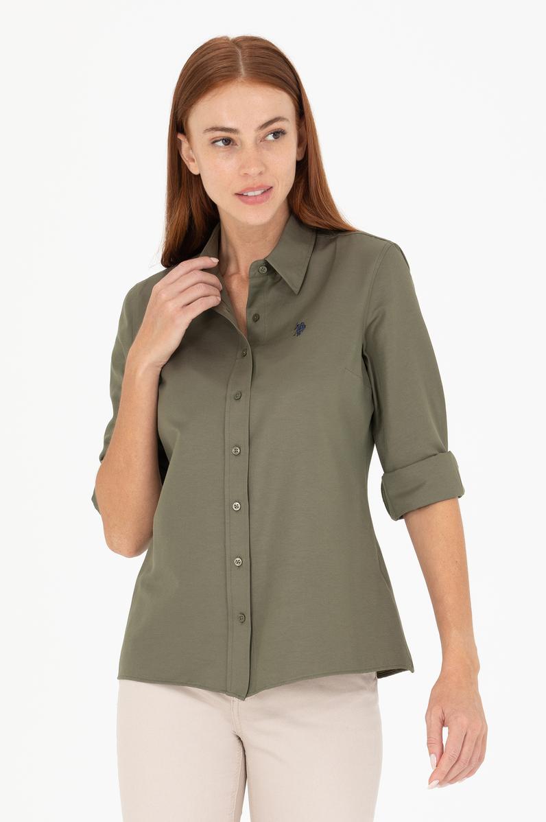 Kadın Koyu Haki Uzun Kollu Basic Gömlek