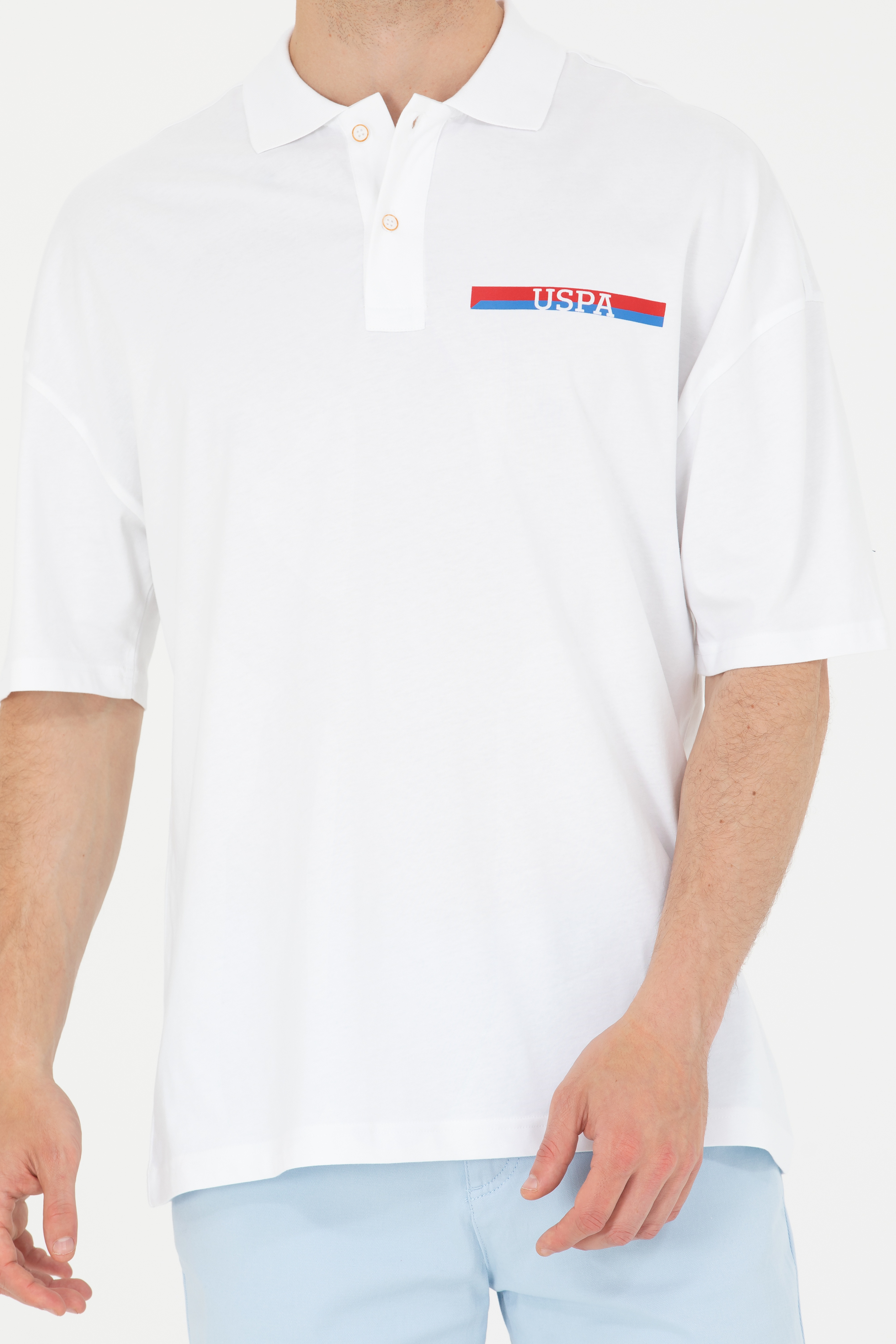 Erkek Beyaz Oversize Polo Yaka Tişört - Image 6