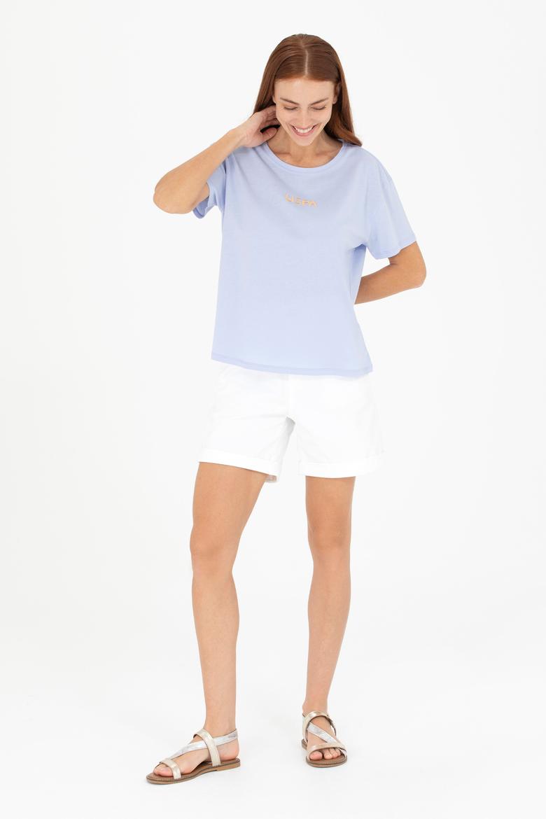 Kadın Mavi Bisiklet Yaka Tişört - 50266326101