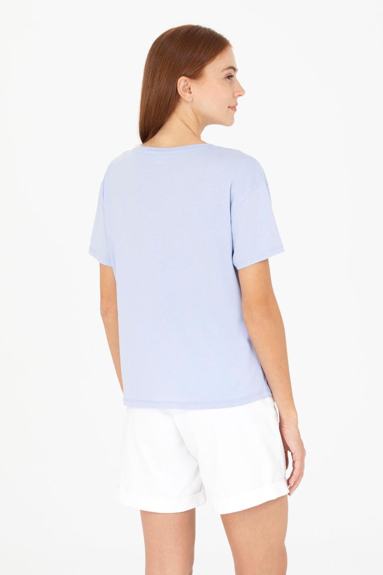 Kadın Mavi Bisiklet Yaka Tişört - 50266326101