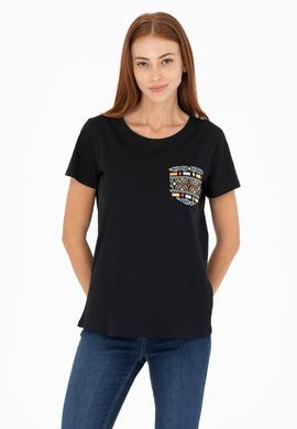 Kadın Siyah Bisiklet Yaka Tişört - 50271647022