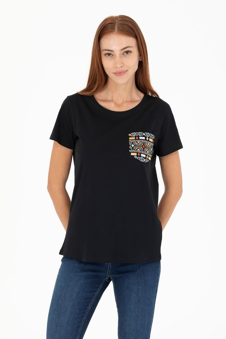 Kadın Siyah Bisiklet Yaka Tişört - 50271647022