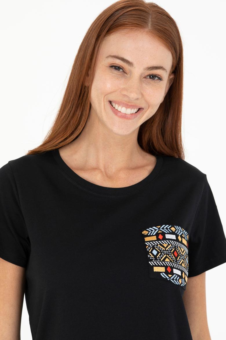 Kadın Siyah Bisiklet Yaka Tişört - 50271647022